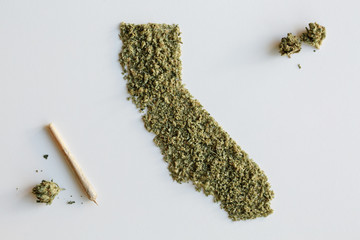 Silhouette of California made from marijuana