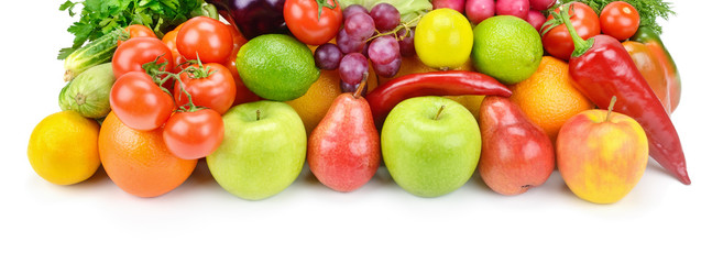 Fruits and vegetables isolated on a white background. Wide photo .