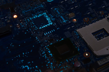 Computer microprocessor chip development. Modern scientific technology. Engineer data electronics science design engineering future motherboard hardware digital information concept