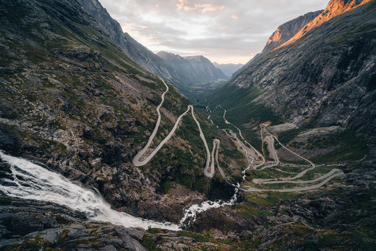 Winding Trollstigen switchback road through mountains, Norway