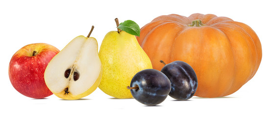Collage of fresh autumn fruits and vegetable isolated on white background with clipping path