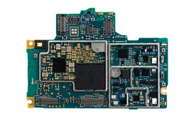 Motherboard for smartphone. Part with microcircuits for the phone on a white background.