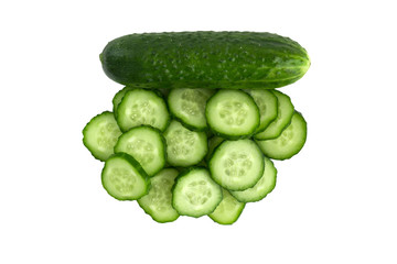 Fresh green cucumbers on a white background. One whole cucumber and several slices isolated on white background.
