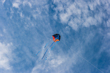 Naklejka na ściany i meble A kite soars in the bright blue cloudy sky. The concept of freedom, flight and joy.