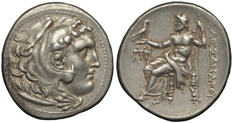 Macedonian Kingdom Asia Minor silver coin tetradrachm 240-180 B.C., head of Alexander the Great in...