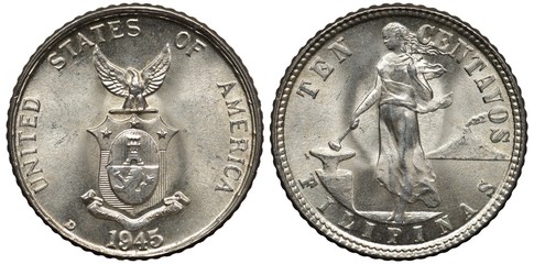Philippines silver coin 10 ten centavos 1945, United States Administration, eagle above shield,...