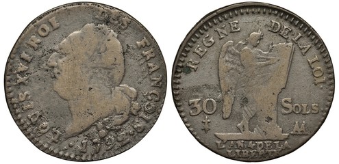 France French coin 30 thirty sols 1792, head of King Louis XVI left, date below, angel writing in book divides value, signs in French Rule of Law and Fourth year of liberty, 