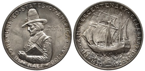 United States silver coin 50 cents half dollar 1920, subject Pilgrim Tercentenary Celebration,...
