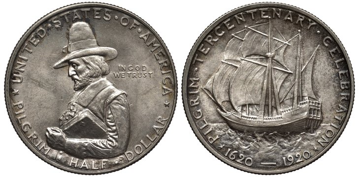 United States silver coin 50 cents half dollar 1920, subject Pilgrim Tercentenary Celebration, pilgrim in tall hat holding book, sailing ship in rolling sea, dates below,