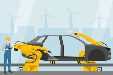Engineer with a digital tablet controls the welding robots on the car assembly line. Smart factory. Vector illustration