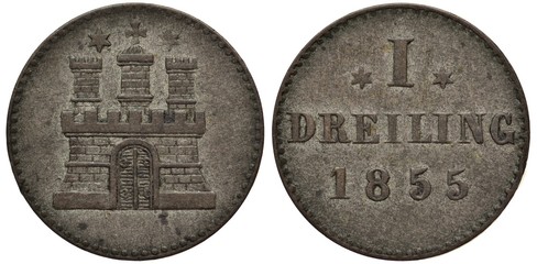 Germany German City of Hamburg silver coin 1 one dreiling 1855, fortress with three towers and gate, value and date,