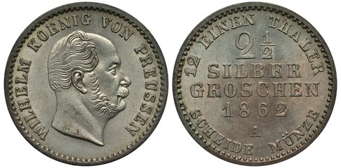 Germany German Prussia Prussian silver coin 2-1/2 two and a half silber groschen 1867, King Wilhelm head right, denomination in center, date below,