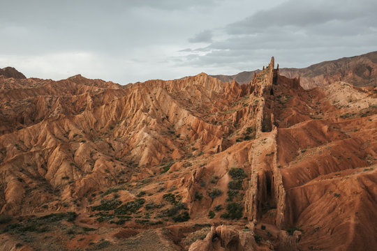 bizzare rocky mountain landscape in kyrgyzstan