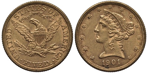 United States US gold coin 5 five dollars 1901, eagle with striped shield on chest holding olive...