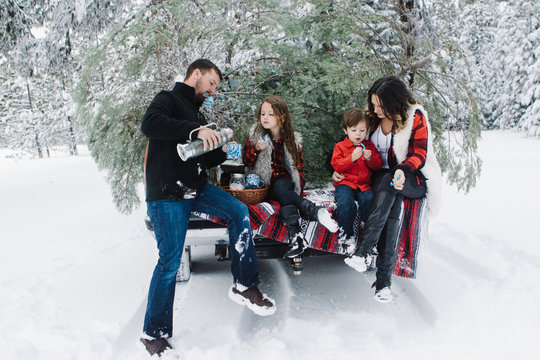 family sits on tailgate enjoying hot chocolate after finding Christmas tree