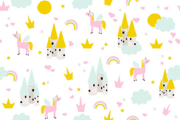 Cute baby seamless pattern with castle and magic unicorn for wallpaper border or textile. Vector hand drawn illustration. © bilaaa