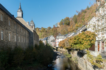 Picturesque houses along the Rur River in the historic center of Monschau, Aachen, Germany