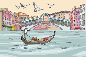 Venecia cityscape view. Gondola in Grand Canal. © mirifadapt