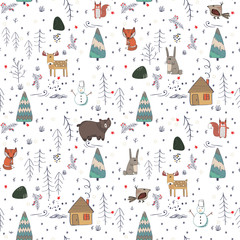 Winter forest background with animals and trees. Seamless pattern