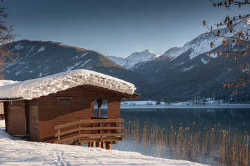 Winter morning in the Alps. Winter in Carinthia - Lake Weissensee, Austria