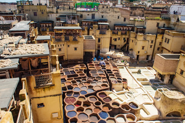 Tanneries of Fes Old tanks with color paint for leather. Morocco Africa