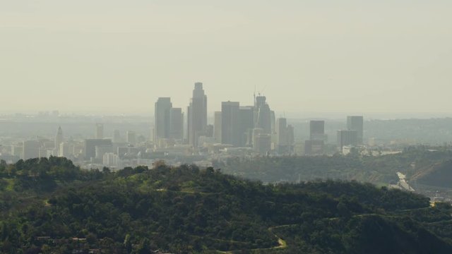 Aerial sunrise view modern city skyscrapers Los Angeles California USA