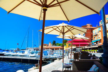Waterfront view of the village of Villefranche-Sur-Mer on the French Riviera near Nice, France