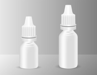 Set of white realistic plastic medical bottles with dropper. Pharmacy flask or vials for anti-aging essential, eye or nasal drops. Mock up vector flacons illustration isolated on gray.