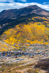 Distant view of historic mining town im Autumn, Silverton, Colorado Route 550