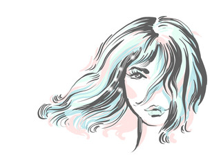 Beautiful girl portrait. Bob hairstyle. Vector. Tender colored fashion illustration with sparkles