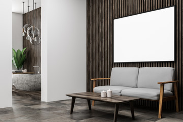 Dark wooden bathroom corner, poster, sofa