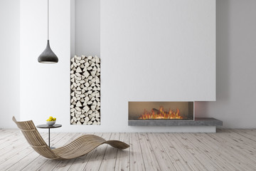 White fireplace with wooden armchair - obrazy, fototapety, plakaty