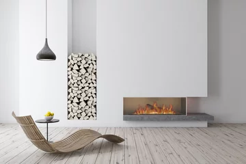 Fotobehang White fireplace with wooden armchair © ImageFlow