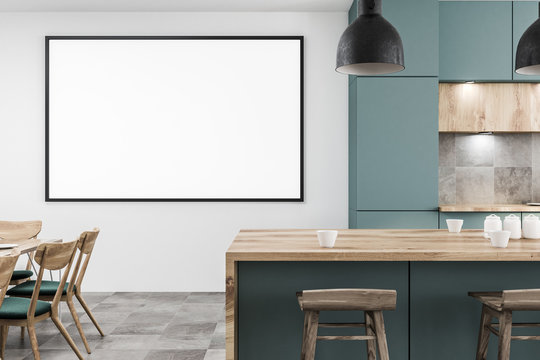 White and gray kitchen and dining room, poster