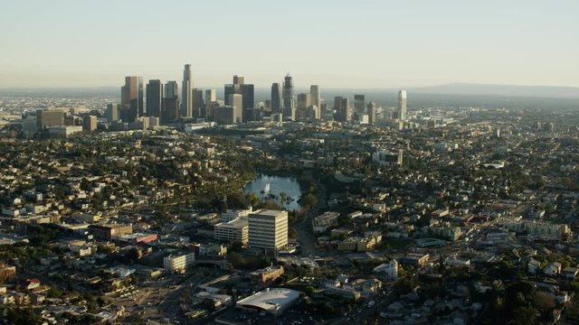 Aerial view of suburban housing and skyscrapers Los Angeles