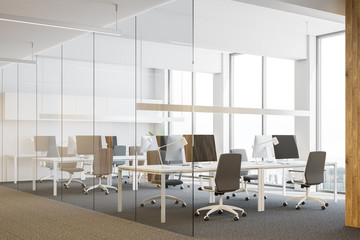 Glass wall open space office, wood