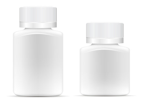 Pharmaceutical wide square drug bottle for pills, capsules. White container mock up. 3d vector illustration.