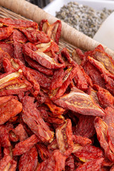 Red Italian sun dried tomatoes on Italian street market