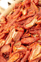 Red Italian sun dried tomatoes on Italian street market