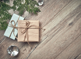 background for Christmas. New year tree with gift decoration on dark wooden board. New Year and Christmas background. Holiday concept