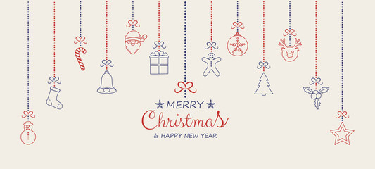 Christmas wishes with hanging decorations. Vector.