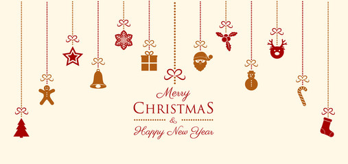 Merry Christmas and Happy New Year - card with decorations and wishes. Vector.