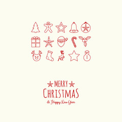 Merry Christmas and Happy New Year - greeting card with hand drawn ornaments. Vector.