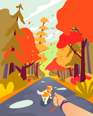 Simple cartoon people at autumn park. Walk the dog. Fall season and people leisure, outdoor theme. Walking with dog.Autumn landscape minimalistic style, orange palette of the season.