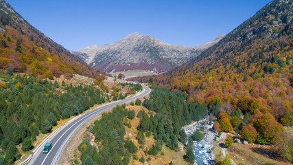 Aerial view of a road in autumn road