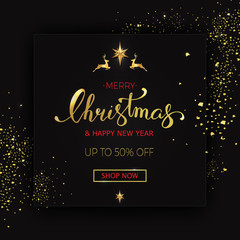 Merry Christmas sale banner on black background with christmas decor elements. Vector