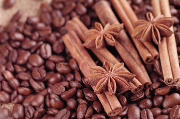 Aromatic roasted coffee beans and anis or badian, sticks of natural cinnamon on  background close up