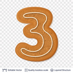 Gingerbread number three symbol with drop shadow.