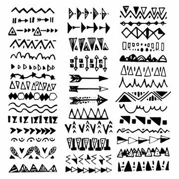 Collection of handdrawn borders in ethnic style. Aztec art dividers.Ink borders. Vector dividers.