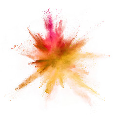 Explosion of coloured powder isolated on white background.